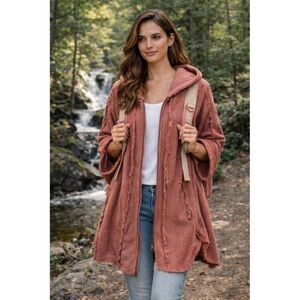 Free People Way Out West Hooded Fringed Herringbone Cardigan (M)
